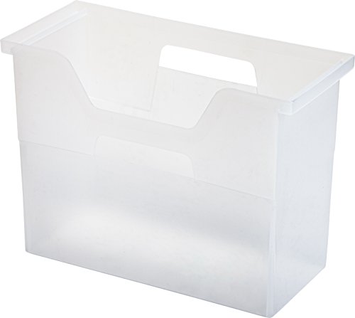 Image of IRIS USA Medium Portable Desktop File Box with Open Top, Side Handles, Hanging File Folders, Tabs & Inserts, Letter Size, For Magazines Newspapers Mail Books Notebooks Binder Homework, Clear