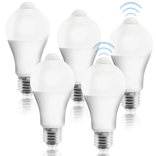 Behogan Bombilla LED E27 con sensor de movimiento PIR, lote de 5, 12W, blanco cálido, 2700K, no regulable, ángulo de haz 120°, 1100 lúmenes, IRC 80, lámpara para pasillo, garaje, escaleras