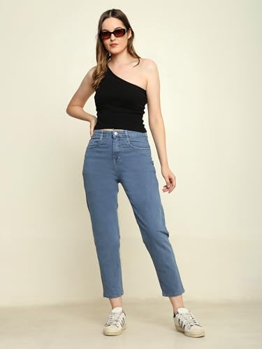 Image of Zayla Women's Mom Fit Cloud Wash Jeans I Full-Length Denim Stretchable High Waist Pant with Curved Pocket I Clean Solid Loose Fit Pants I for Everyday Office Party Girls