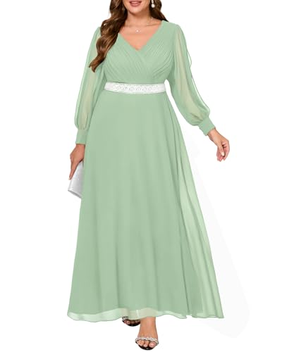 Pinup Fashion Women Plus Size Bridesmaid Dresses Sage Green Long Sleeve Chiffon Evening Formal Ruched Wrap A-Line Elegant Maxi Dress