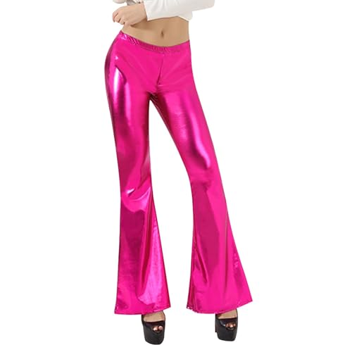 Womens Shinny Metallic Sequins High Waist Wide Leg Stretchy Bell Bottom Flared Pants, Wet Look Pants Club Wear