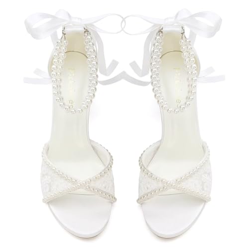 Lace Wedding Shoes for Bride Pearl Heels Bridal Shoes Block Heel Wedding Sandals2