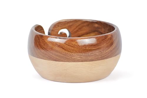 Image of Large Wooden Yarn Bowl | Handmade Knitting Wool Storage Bowl | Yarn Holder Dispenser with Holes to Prevent Slipping and Tangles for Knitting & Crocheting (Brown & Offwhite)