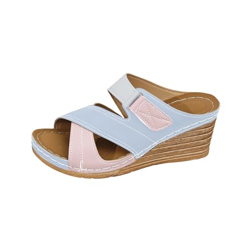 Tofflor dam pantoletter, romerska sandaler dam utbytbara fotbäddssängar remmar sandaler med klack, tofflor plattform, sommarskor, ortopediska eleganta kilklack, strandsandaler, Himmelsblå, 37 EU
