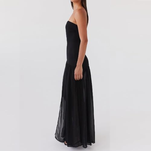 Image of Willow Dance Women Tube Top Dress Printed Mesh Patchwork Maxi Dress Strapless Sexy High Slit Long Dresses Party Clubwear