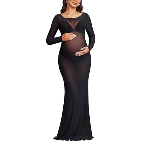 Bhome Maternity Photoshoot Dress Long Sleeve Sheer Mesh Maternity Maxi Gown Babyshower Black XL Cover