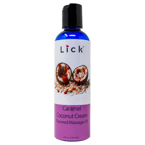 Lick Caramel Coconut Cream Flavored Massage Oil Tropical Edible Massage Oil with Sweet Almond Oil & Vitamin E Hydrating Body-Safe Formula for Relaxing Couples Massage 4 oz