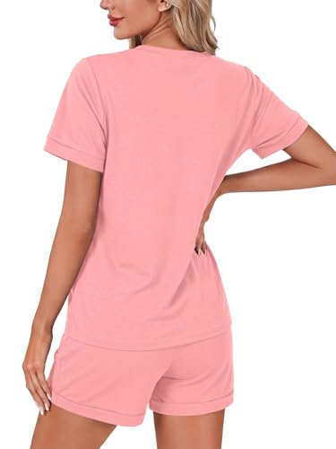 Image of LYANER Pajama Set for Women 2 Piece Lounge Set Striped Crew neck Short Sleeve Tops and Shorts Soft Sleepwear