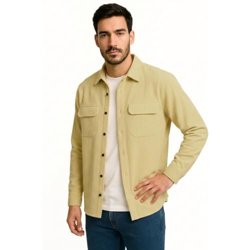 Image of DEELMO Men's Full Sleeve Corduroy Shirt | Stylish Textured Casual Button-Down Shacket for Autumn Winter | Dual Pocket Front Design | Ideal for Layering and Daily Outfits