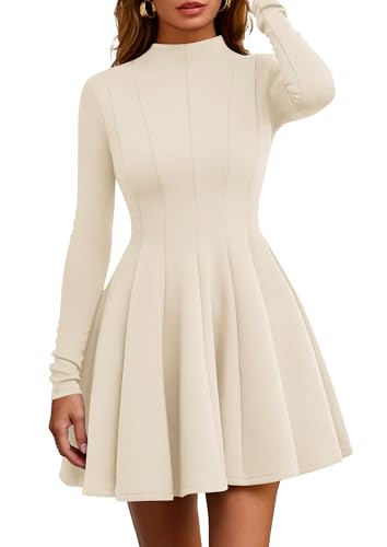PRETTYGARDEN Fall Dresses for Women Elegant Classy 2026 Casual Long Sleeve Swing A Line Ruffle Short Homecoming Party Dress (Beige,Small)