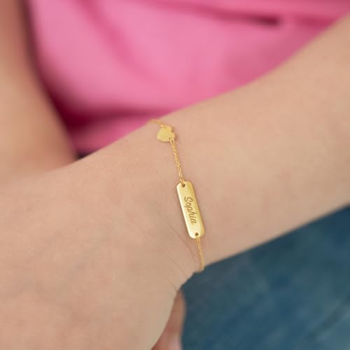 14k Yellow Gold Heart Charm Engravable Tag Identification Bracelet For Toddlers and Little Girls - Sweet Heart Charm Bracelet For Baby Girls - Customized Tag ID Bracelets For Girls3