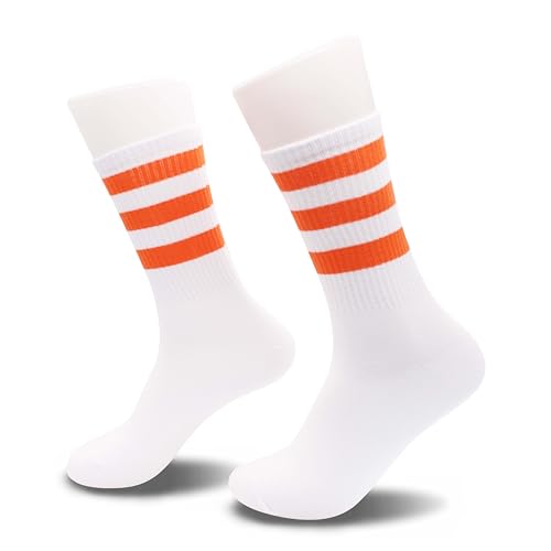 vohiro Classic Striped Tube Socks Back To School Gifts Soft Cotton Retro Tube Socks For Men Women& Teens 1 Pairs. (Cotton White/Orange (157)