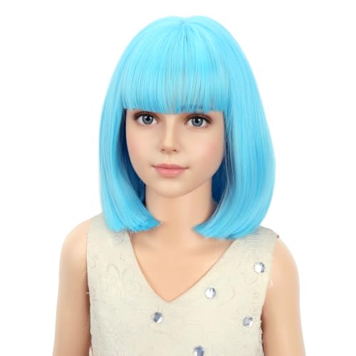 Image of PATTNIUM Kids Light Blue Bob Wig with Bangs Girls Short Sky Blue Bob Wig Cosplay Party Synthetic Rose Net Daily Wear Wig