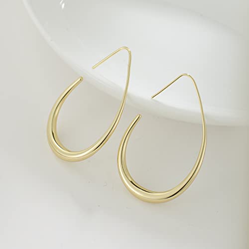 Gelanmeng GL001 Lightweight Teardrop Hoop Earrings For Women - 14K Gold/White Gold Plated Large Oval Pull Through Hoop Earrings High Polished Statement Jewelry Gift thumb #2