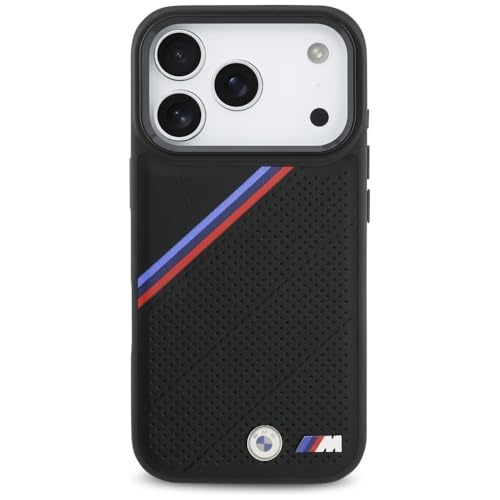 Image of CG MOBILE BMW [Official Licensed] Protective Case Designed for iPhone 17 Pro |Magnetic Compatible|M Collection|Pu Leather Tricolor Slanted Stripes & Metal Logos -Black