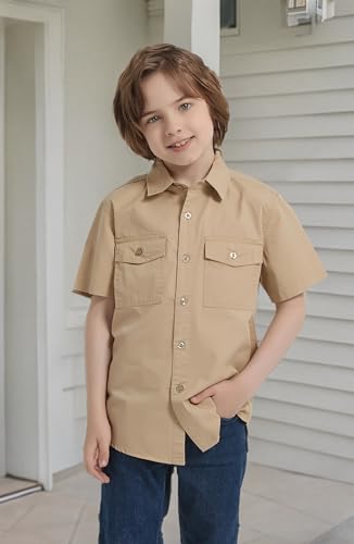 Image of Tronjori Boys Short Sleeve Button Down Casual Woven Shirt Two Pockets