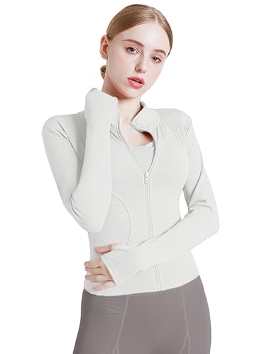 Zeagoo Sportjacke Damen Slim Fit Laufjacke Fitnessjacke Langarm Leicht Trainingsjacke mit Daumenloch Reißverschluss Stehkragen Atmungsaktiv Schnelltrocknend Gym Top Sport Oberteil Weiß S