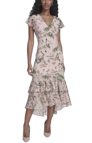 Image of Tommy Hilfiger Women's Flutter Sleeve V-Neck Ruffle Trim Hi-Lo Midi Dress