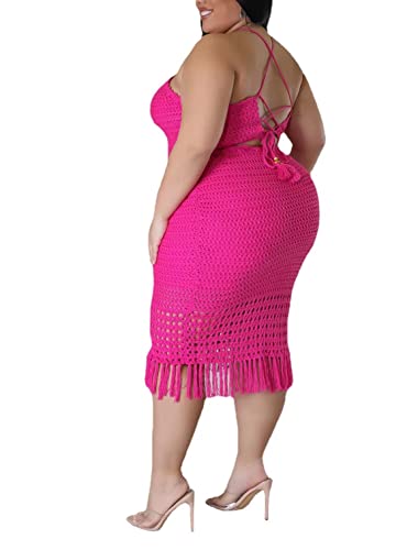 Image of Women Plus Two-Piece Skirt Set Tassel Fishing Net Knittin Hollow Out Off Shoulder Beach Dresses Swimsuit Cover Ups