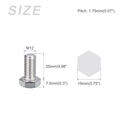 Image of METALLIXITY Hex Bolts (M12-1.75x25mm) 6Pcs, 304 Stainless Steel Coarse Fully Threaded Hex Head Screw Bolt Machine Screws - for Furniture Repair, Silver