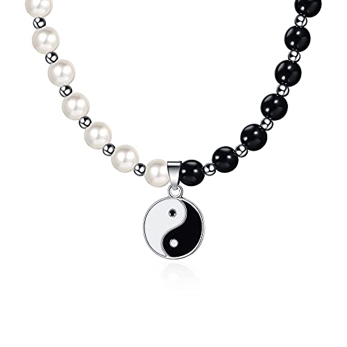 Yin Yang Necklace Half Chain Pearls Punk Hip Hop Cool Black White Pearl Choker Ying Yang Necklaces for Women Fashion Jewelry