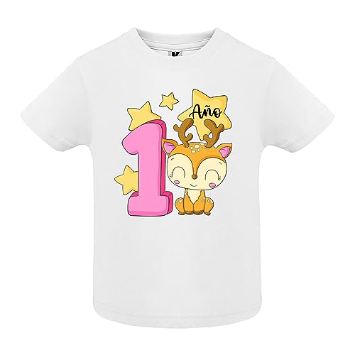 Camiseta 1 Año para Bebés - Prenda Feliz Cumpleaños Divertida de algodón, Manga Corta y Tacto Suave para bebé de 12 Meses (12 Meses, Ciervo)