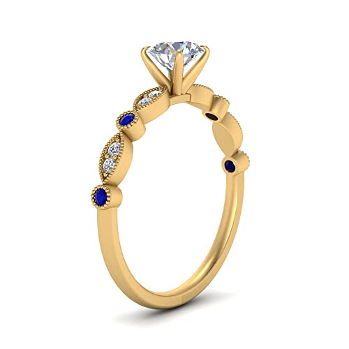 Image of Choose Your Gemstone Vintage Scalloped Diamond CZ Ring Yellow Gold Plated Round Shape Milgrain Engagement Rings Matching Jewelry Wedding Jewelry Easy to Wear Gifts US Size 4 to 12