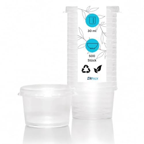Enpack - Dip Schälchen mit Deckel 30ml aus PP - 500 Stück - Saucenbecher - kleine Dosen mit Deckel Plastik - Einweg Saucenschälchen - 30cc mini Plastikdosen - Butter Döschen - Saucen Behälter