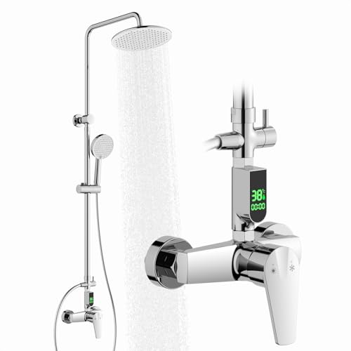 HOMELODY Système de douche avec robinet chromé - Douche de pluie avec robinet, écran de température LED, douche à effet pluie, rond de 25 cm, pommeau de...