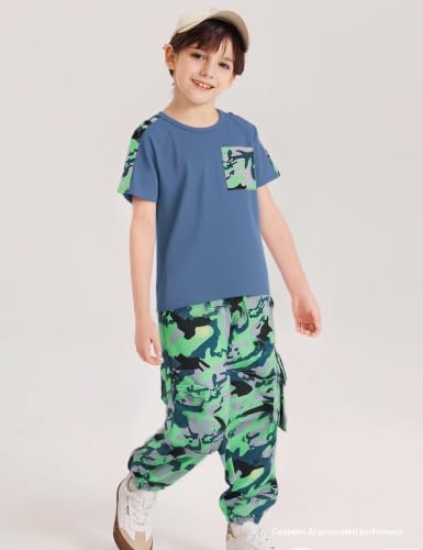Image of mksodopy Boys Clothes Outfits Set, Camo Cargo Pants and Short Sleeve Pocket Tee 2PC Summer Tracksuit for Kids 5-16Y