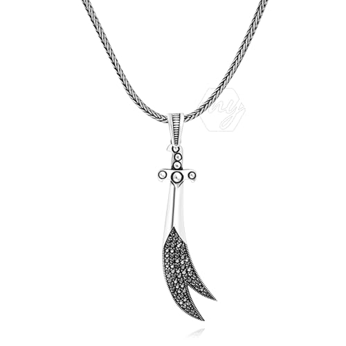 925 Sterling Silver Black Micro Stone Hazrat Ali(RA) Zulfiqar Sword Men Necklace