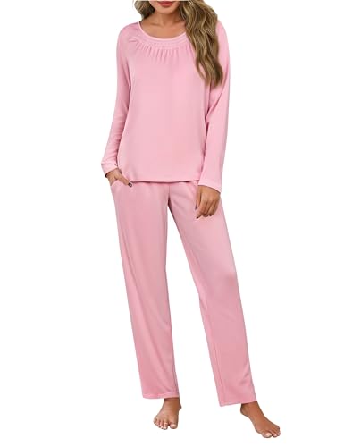 Uniexcosm Pijama Mujer Largo Invierno - Pijamas Mujer Algodón Manga Larga Conjunto de Pijamas 2 Piezas en Cuello Redondo Top y Pantalones Ropa De Dormir Rosa 3XL
