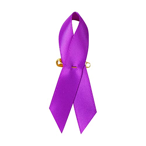 Image of 200 Pieces Purple Satin Awareness Ribbons with Safety Pins 1.4 x 3 inch