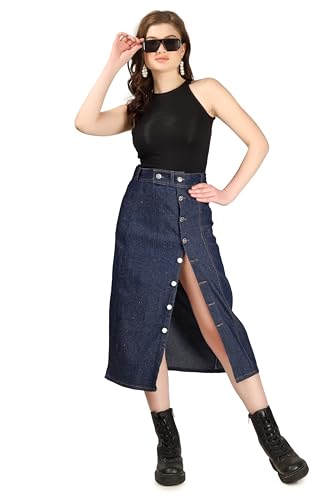 Image of Button Side Split Denim Long Straight Skirt for Women & Girls