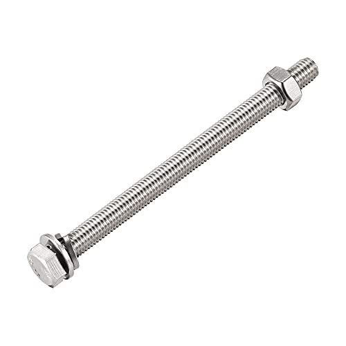 Image of uxcell M10 x 140mm Hex Head Screws Bolts, Nuts, Flat & Lock Washers Kits, 304 Stainless Steel Fully Thread Hexagon Bolts 6 Sets