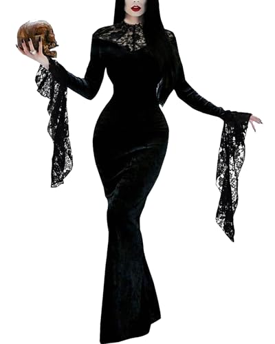 Stciqok Women Morticia Halloween Dress Long Sleeve Off Shoulder Maxi Dress(Black,S)