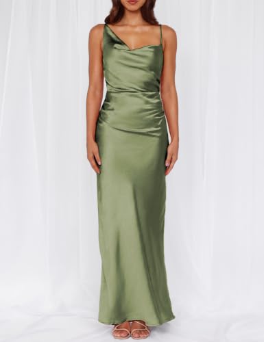 Image of Formal Satin Silk Spaghetti Strap Maxi Dresses for Women Wedding Guest