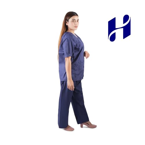 Image of Comfort Scrub Suit for Women - 5-Pocket Set with V Neck Top & Bottom, Half Sleeves, Breathable Fabric - Durable Uniform for Doctors, Nurses, and Dentists in Navy Blue (XL, NAVY BLUE)
