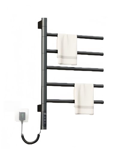 TIMDU 電気タオルウォーマー、180°回転 バー5本 壁掛け加熱タオルラック 、電動タオルスタンド 液晶画面 タイマ サーモスタット付き,浴室 洗面台 ホテル用 家庭用 (ブラック G63)