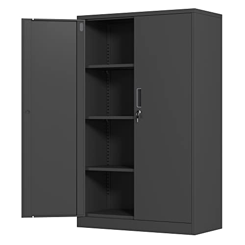 JINKUR Metal Storage Cabinet with Locking Doors and 3 Adjustable Shelves, 53.5-Inch Lockable Storage Cabinets for Home Office Garage Kitchen Pantry (Black)