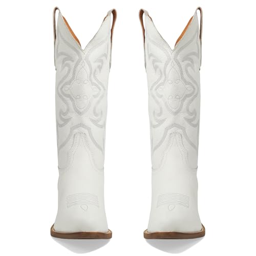 Image of LEHOOR Cowboy Boots Women Embroidered Mid Calf Western Boots Stacked Low Heel Pointed Toe Pull On Cowgirl Boot 4-11 M US