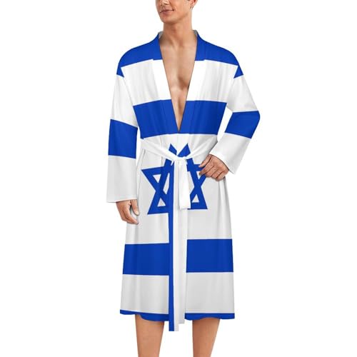 Israel Flag Israeli Star Mens Bathrobe Soft Long Bath Robe Warm Spa Robe Nightgown Quick Dry with Waist Belt