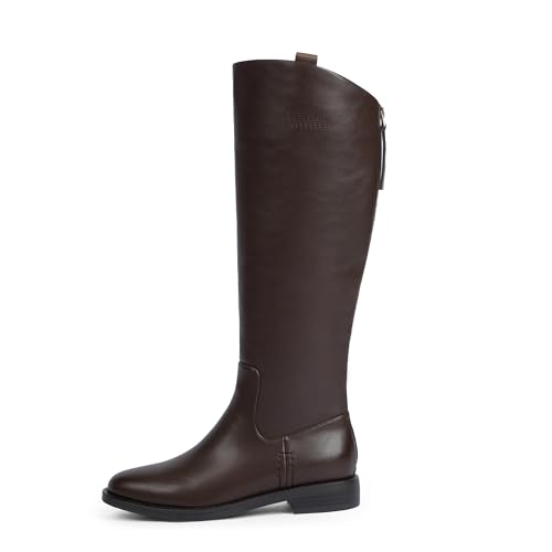 Image of Modatope Knee High Boots Women Rounded Toe Flat Retro Bais Opening Low Chunky Heel Riding Boots