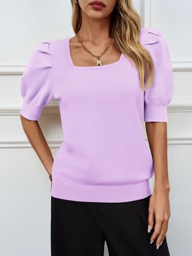 Image of Womens Puff Short Sleeve Sweater Tops Square Neck Casual Knit Pullover