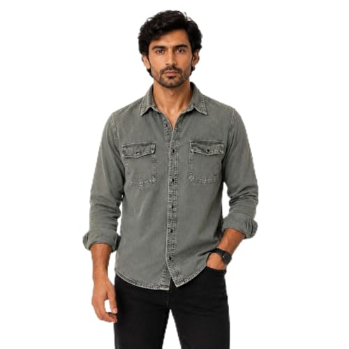 Image of Men's Slim Fit Western Denim Shirt with Dual Chest Pockets - Long Sleeve Button-Down Casual | Smart Casual Fashion Wear |Durable Tich snap Buttons.