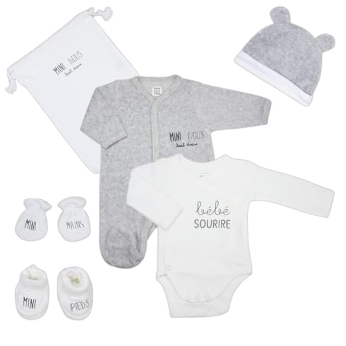 Trois Kilos Sept - Kit Naissance 6 Pièces (Body, Bonnet, Chaussons, Moufles, Pochon, Pyjama) - 1 Mois - Mini Nous