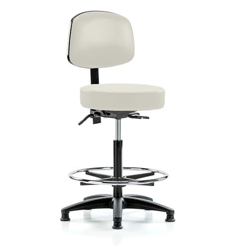 Image of Perch Stationary Height Adjustable Doctor's Stool with Back and Foot Ring | High Bench Height 25-35 inch | Off-White Vinyl