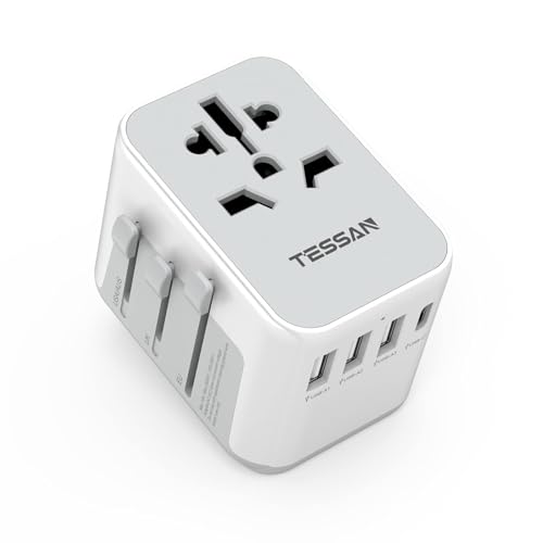 TESSAN reseadapter över hela världen, universell resekontakt med 3 USB A och 1 USB C, internationell uttagsadapter, universaladapter för England USA Japan Thailand Australien, reseadapter