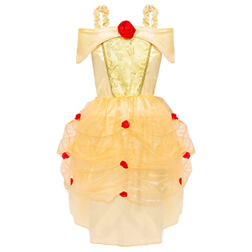 Belle Costume for Girls  Medium  Kids Belle Fancy Dress Costume for World  Book Day/Book Week Golden Satin Dress, Embroidered Panel, Gold Mesh Layers,  and Red Roses - BigaMart