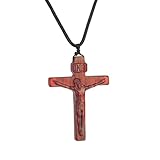 Artesielle Katholische Holzkreuz Halskette für Männer - Handgefertigter Jesus Kruzifix Anhänger mit verstellbarer Seilkette, religiöse Geschenke für Ehemänner, Freunde, Väter oder Söhne, Holz, Holz